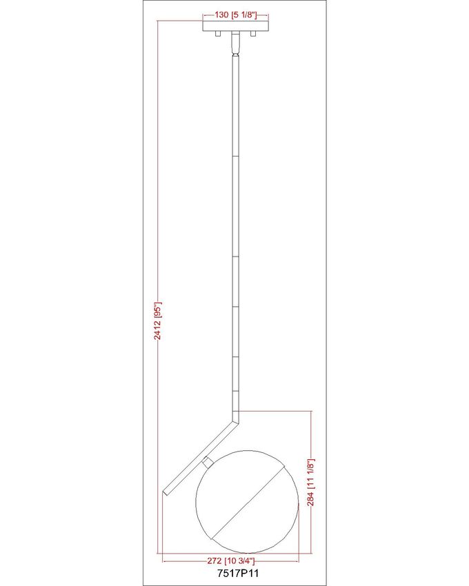 Technical drawing of globe pendant light with dimensions.