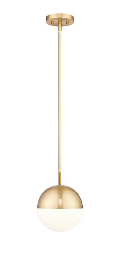 Gold sphere pendant light with contemporary straight-rod suspension.