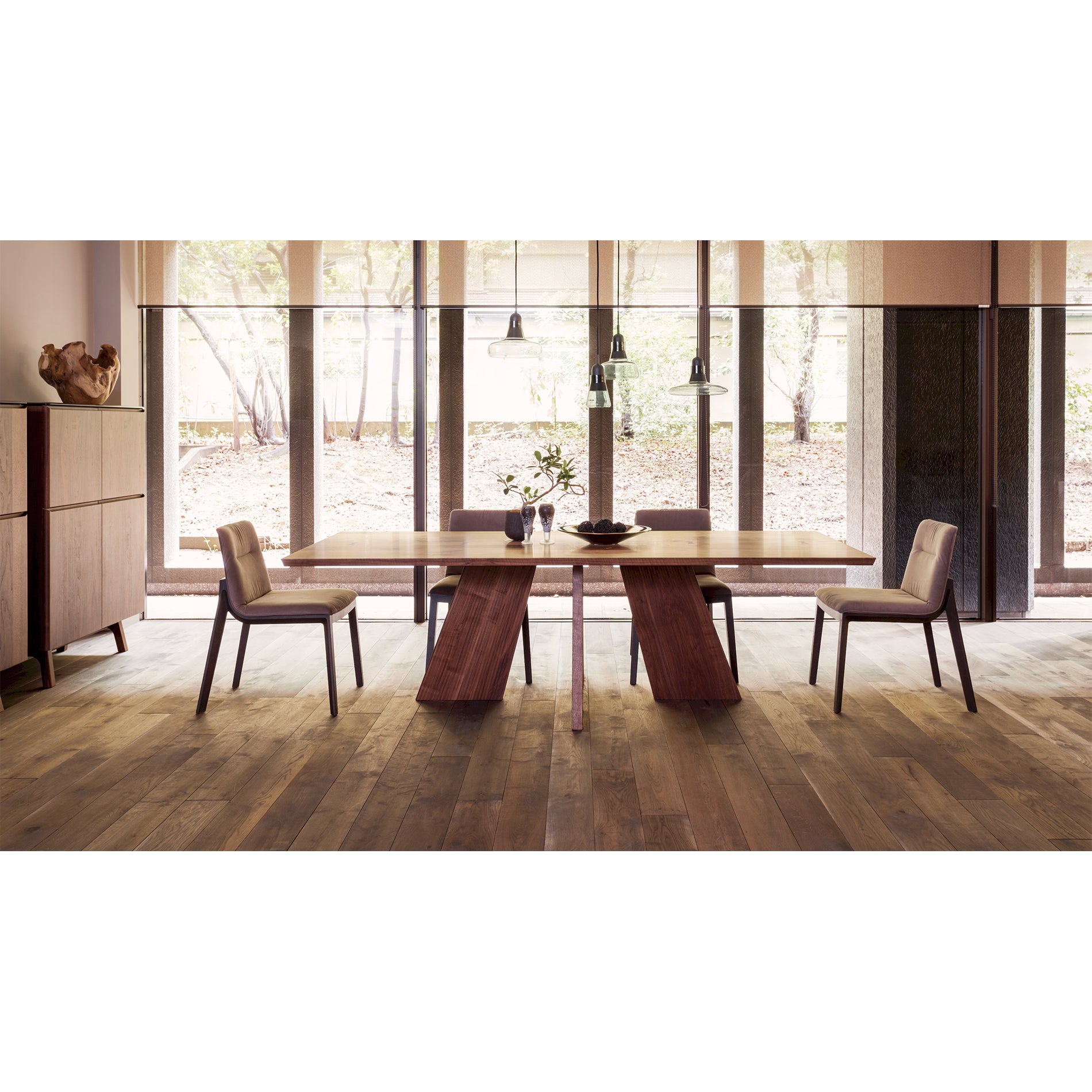 Hakama Dining Table in a Japandi-style dining room with natural lighting.