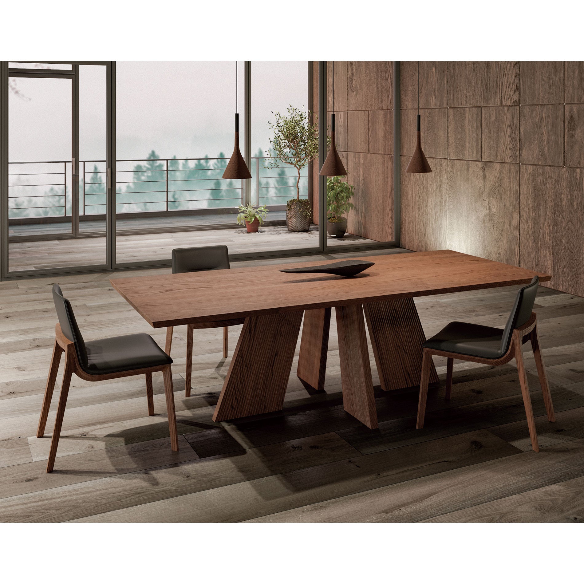 Hakama Dining Table in a modern dining space with walnut finish, sculptural legs, and sleek matching chairs.