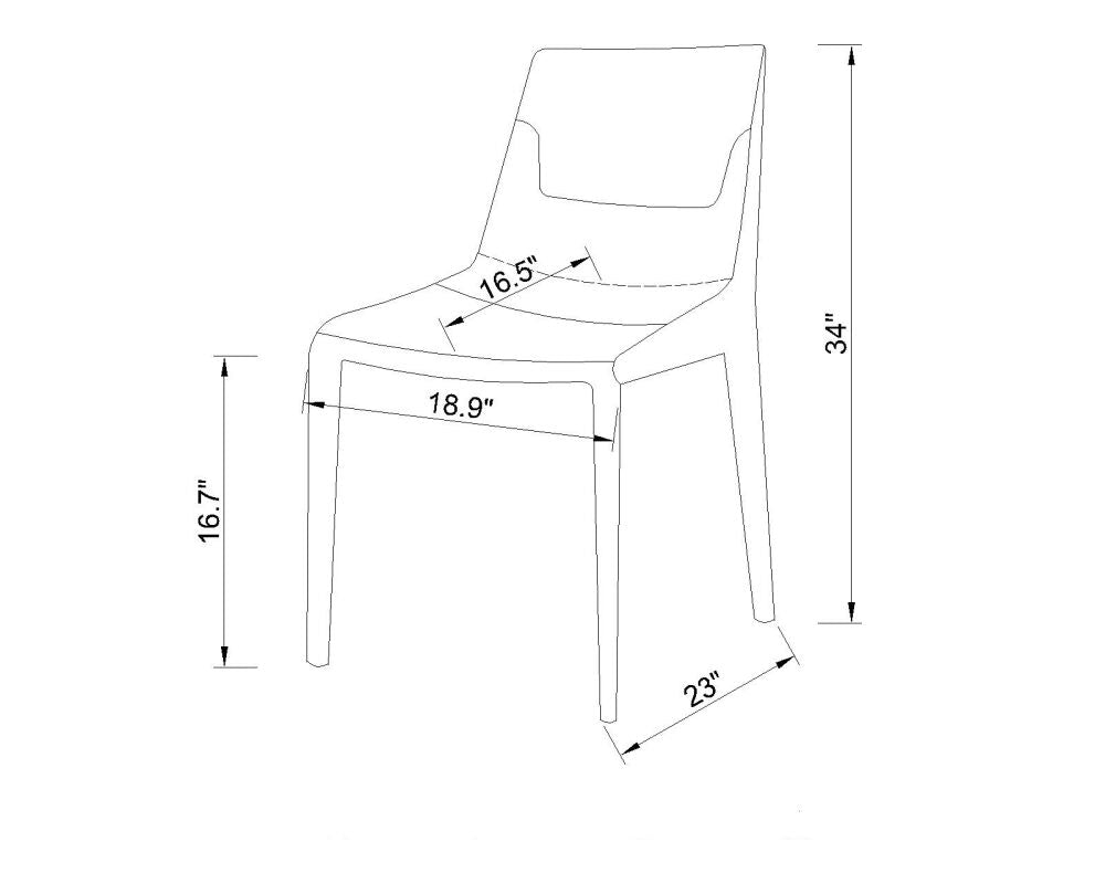 Technical drawing of a light brown dining chair with detailed dimensions and ergonomic seat design.