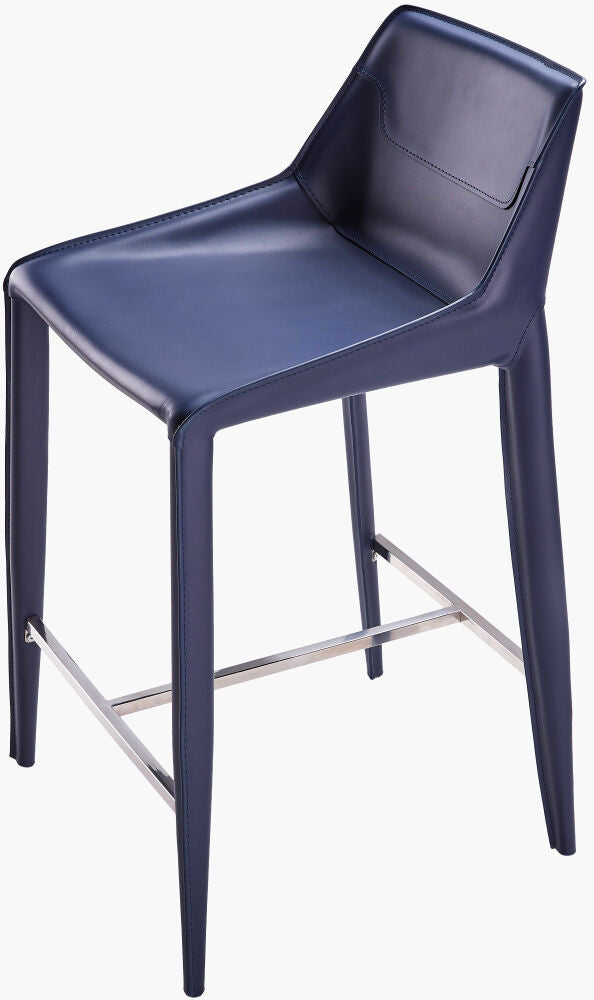 Modern navy blue leather barstool with a sleek design, sturdy metal footrest, and stitched detailing.