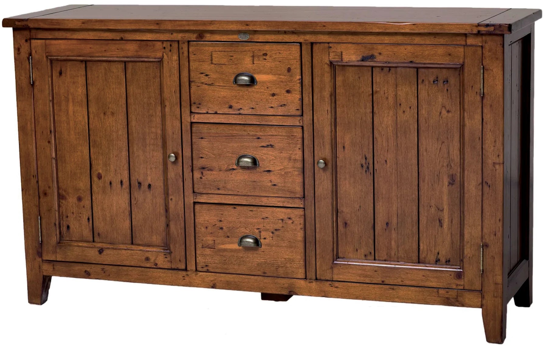 Angled view of the Irish Coast African Dusk brown wood Sideboard showcasing drawers and cabinets