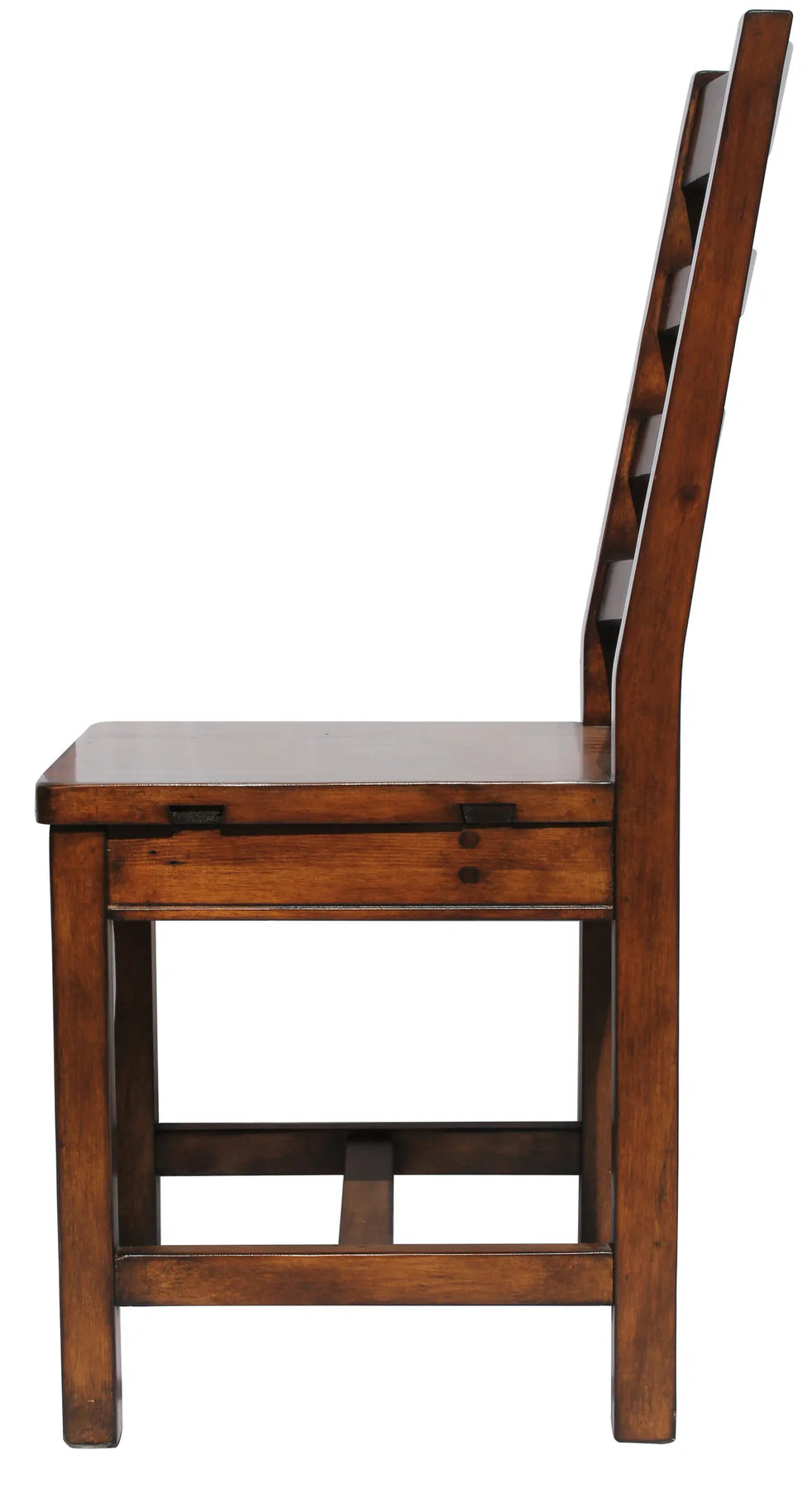 Side profile of the Irish Coast African dusk rustic wooden dining chair.