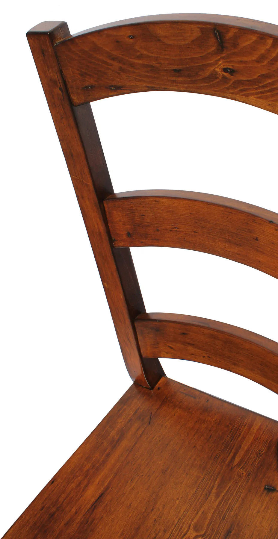 Top-down view of the brown ladder-back dining chair’s seat finish and texture.