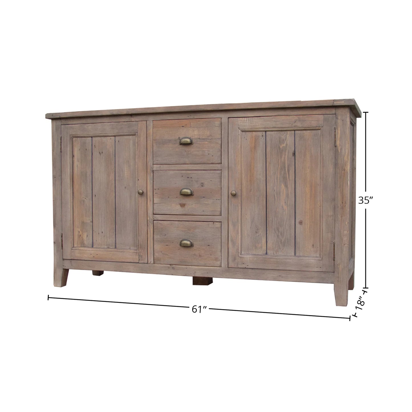 Irish Coast Sundried reclaimed wood sideboard with labeled dimensions.