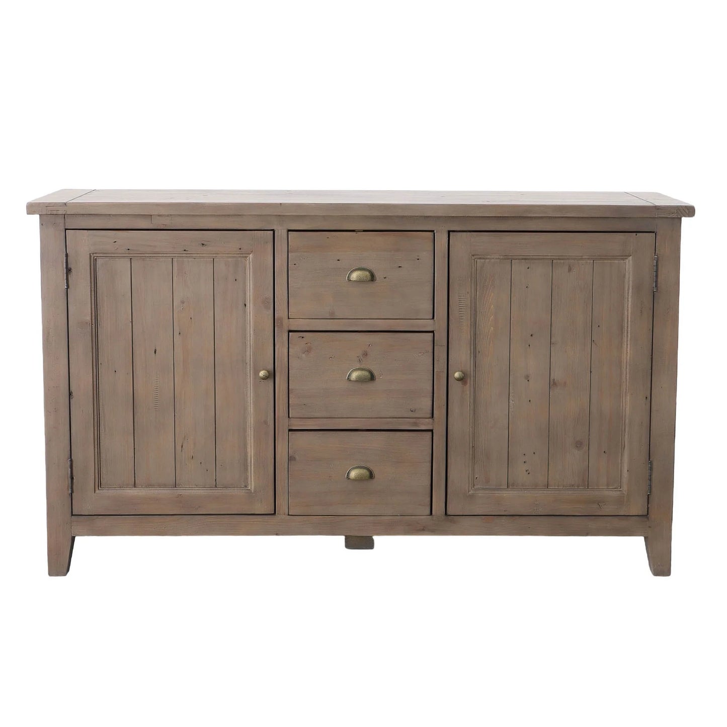 Front view of the Irish Coast Sundried reclaimed wood sideboard with a rustic finish nd brass hardware.
