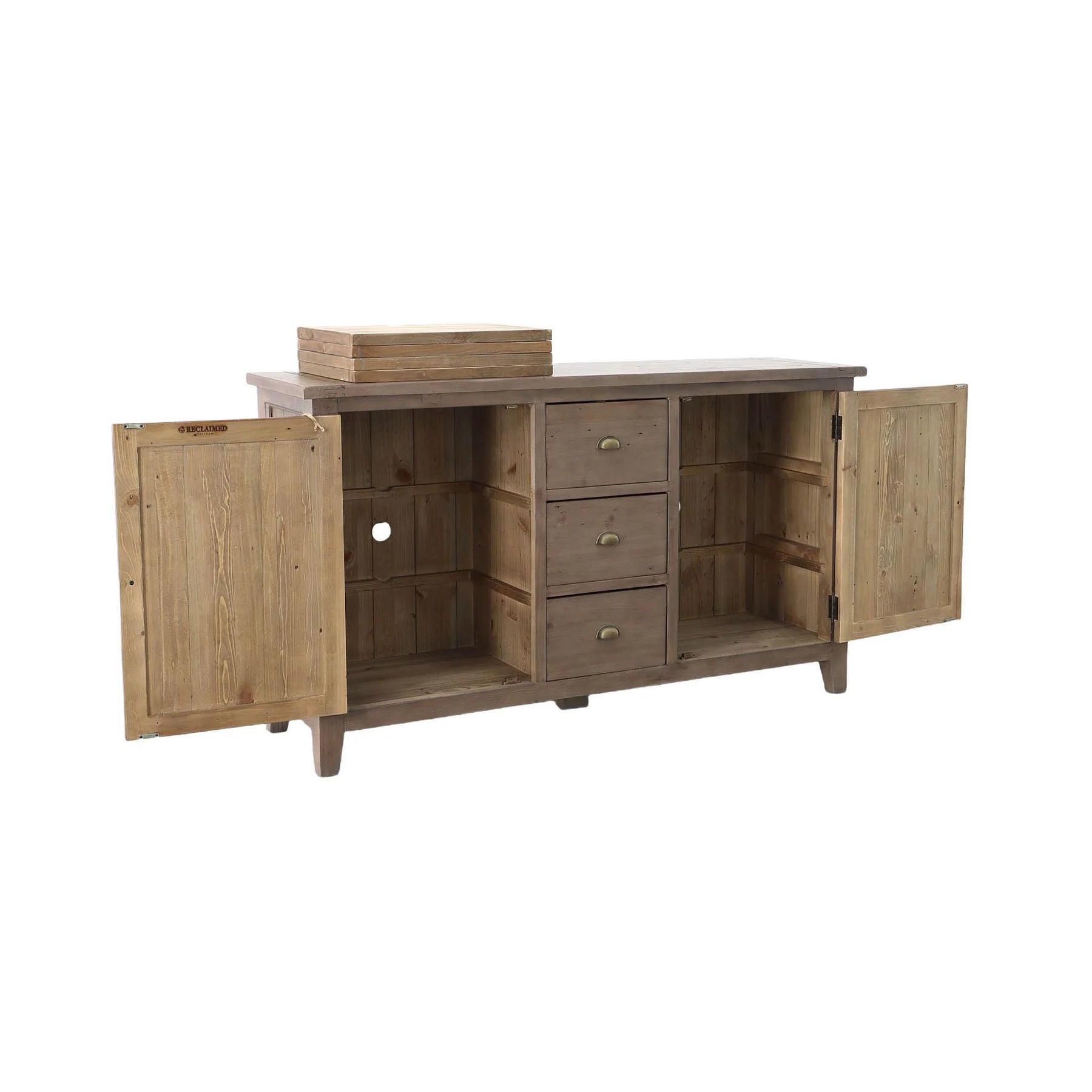 Irish Coast rustic wooden sideboard showing adjustable shelves and three center drawers in a rustic sundried finish.