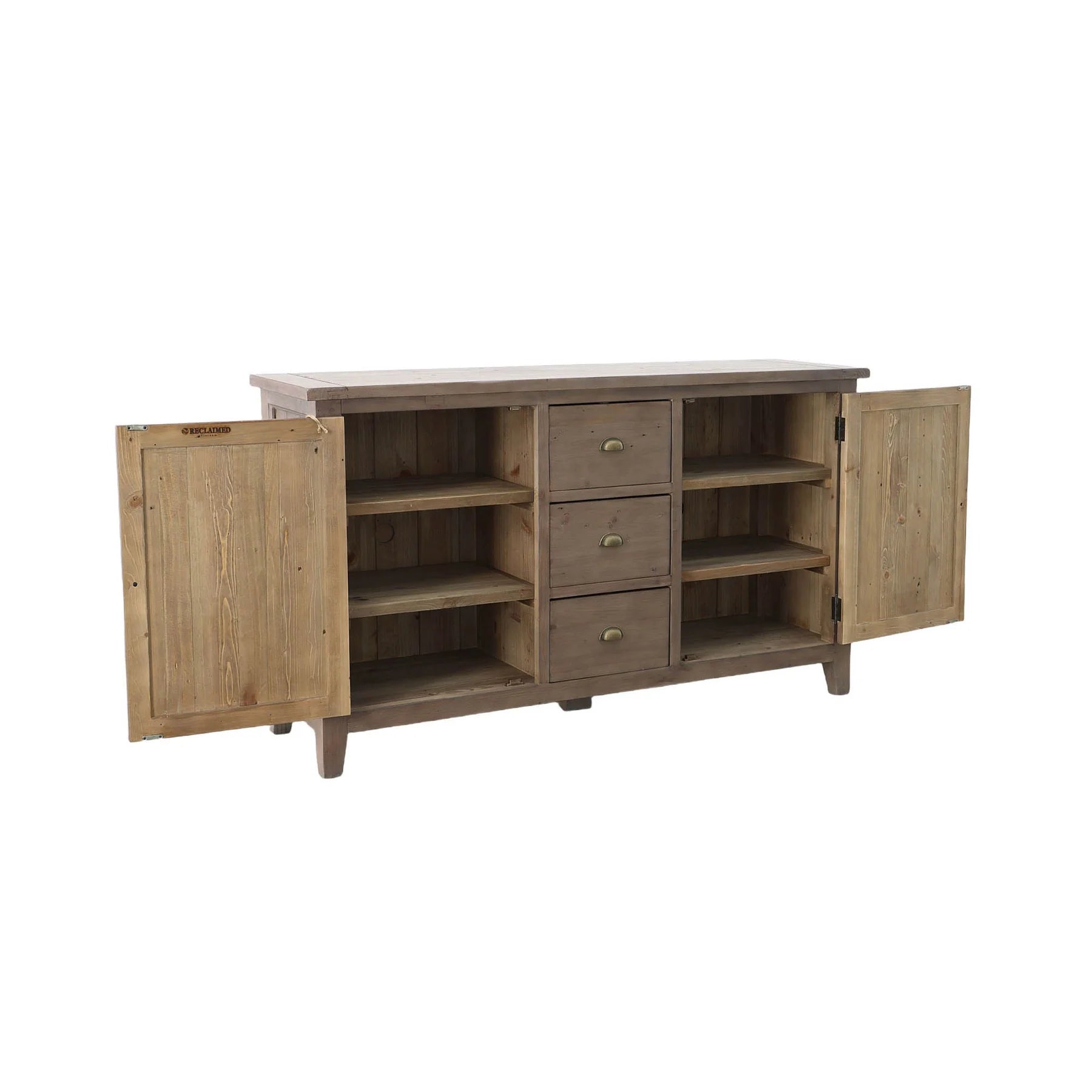 Irish Coast Sundried rustic wooden sideboard with doors open, revealing spacious storage with adjustable shelves.