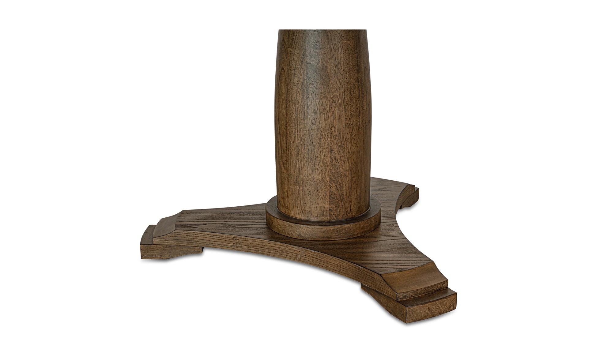 Detailed view of the sturdy double pedestal base in vintage brown wood.