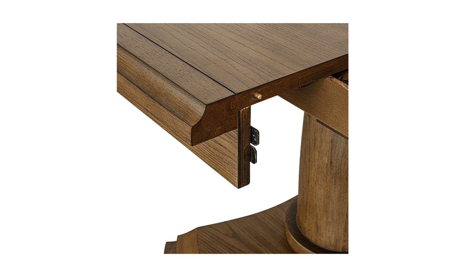 Close-up view of the leaf extension edge of the jamie dining table, highlighting the smooth craftsmanship of the wood finish