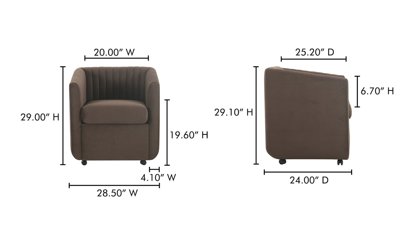 Front and side views of the Jane brown contemporary dining chair with detailed dimensions,.