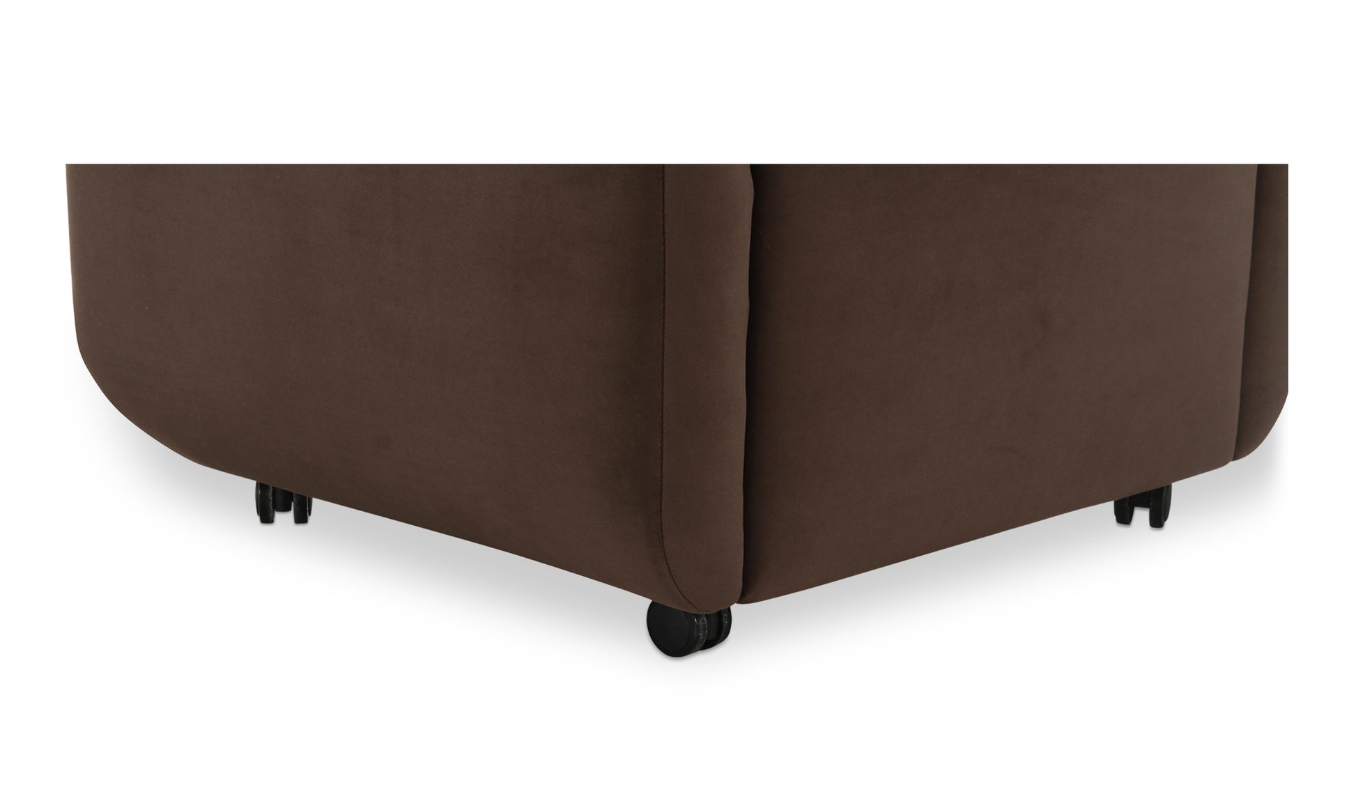 Close-up of the Jane velvet brown dining chair’s plastic casters, ensuring smooth mobility.