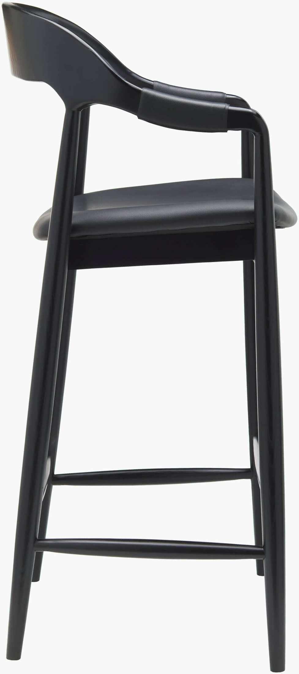 Close-up view of the Kisco Bar Stool seat edge, featuring black faux leather upholstery and smooth finish.