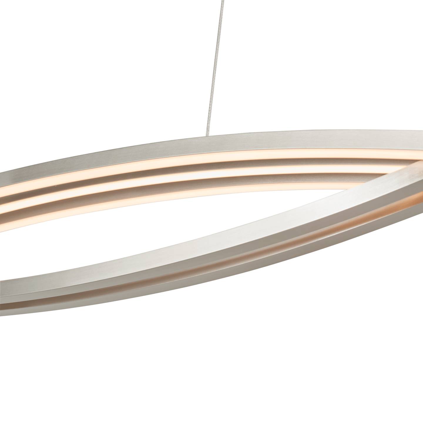 LED linear pendant light brushed nickel frame closeup.