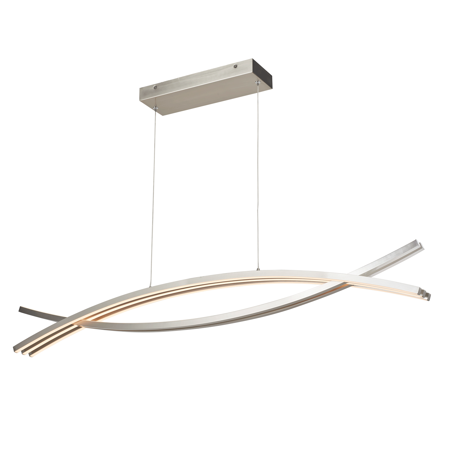 LED linear pendant light brushed nickel angled glowing.