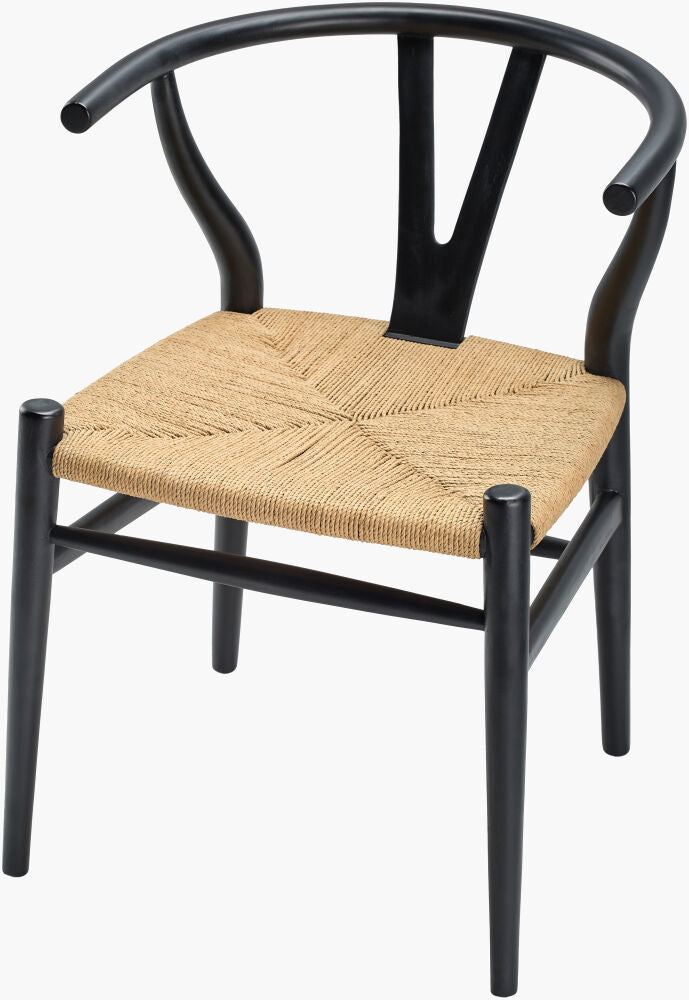 A front view of the black mid-century teak wood dining chair with a curved back and woven seagrass