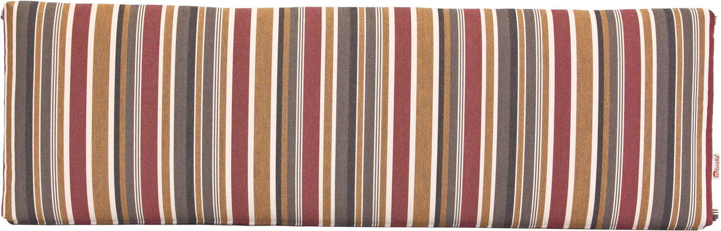 Striped outdoor bench cushion in Brannon Redwood, combining red, orange, and neutral stripes.