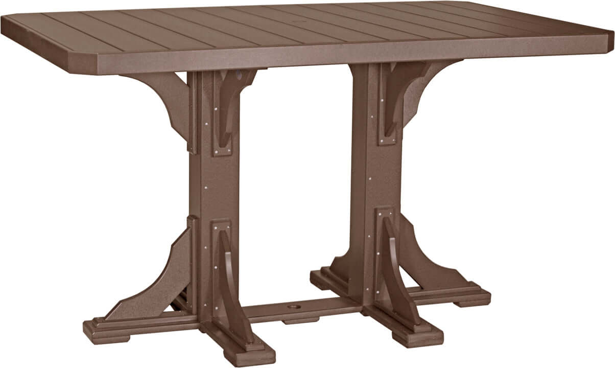 LuxCraft Poly 4' x 6' Rectangular Outdoor Table in Chestnut Brown with a weather-resistant finish, bar height.