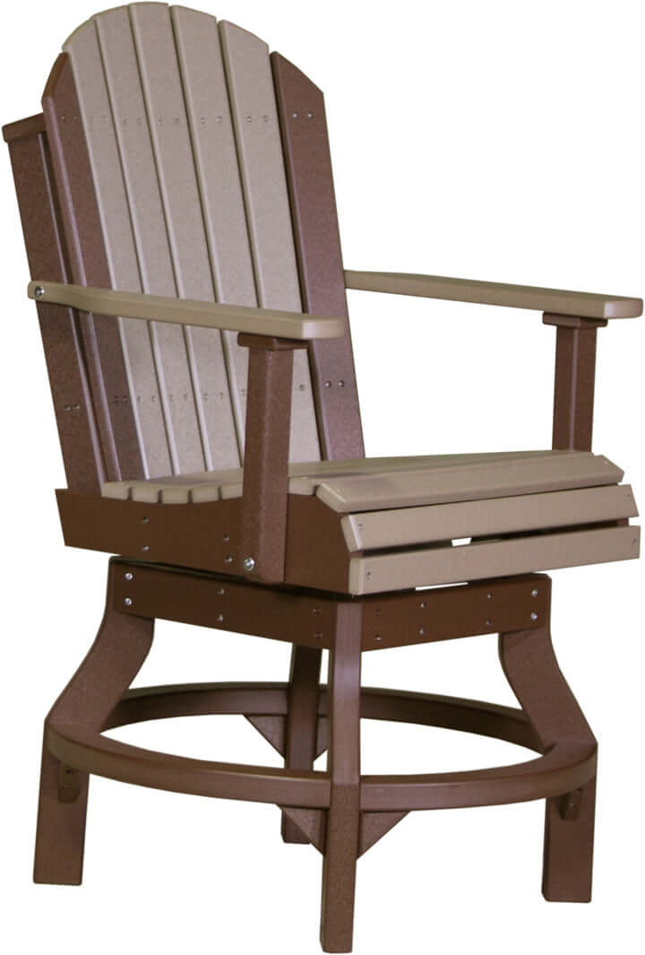 Weatherwood & Chestnut brown outdoor patio swivel chair by LuxCraft, poly lumber build with 360-degree swivel.