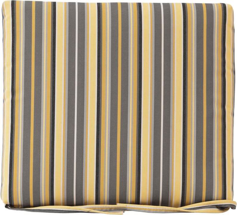 Foster metallic gray and yellow-striped outdoor dining chair cushion made with weather-resistant Sunbrella® fabric
