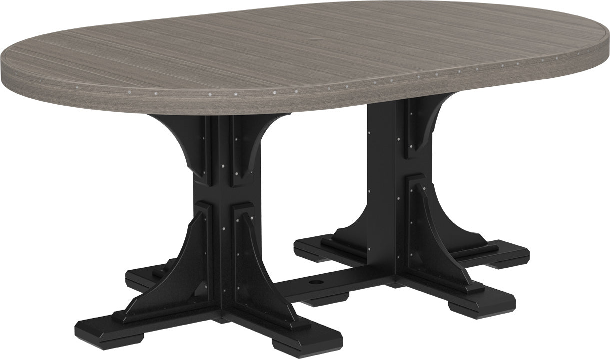Sturdy LuxCraft 4' x 6’ Oval Outdoor Dining Table with coastal gray tabletop and black base, designed for outdoor durability.