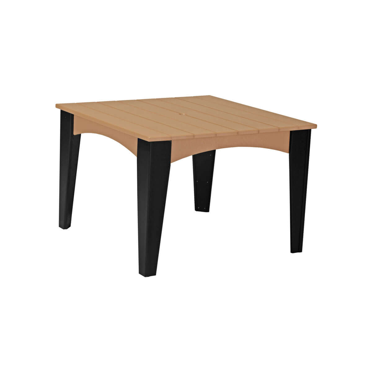 Outdoor dining table with a cedar slatted top and contrasting black legs, perfect for garden settings.