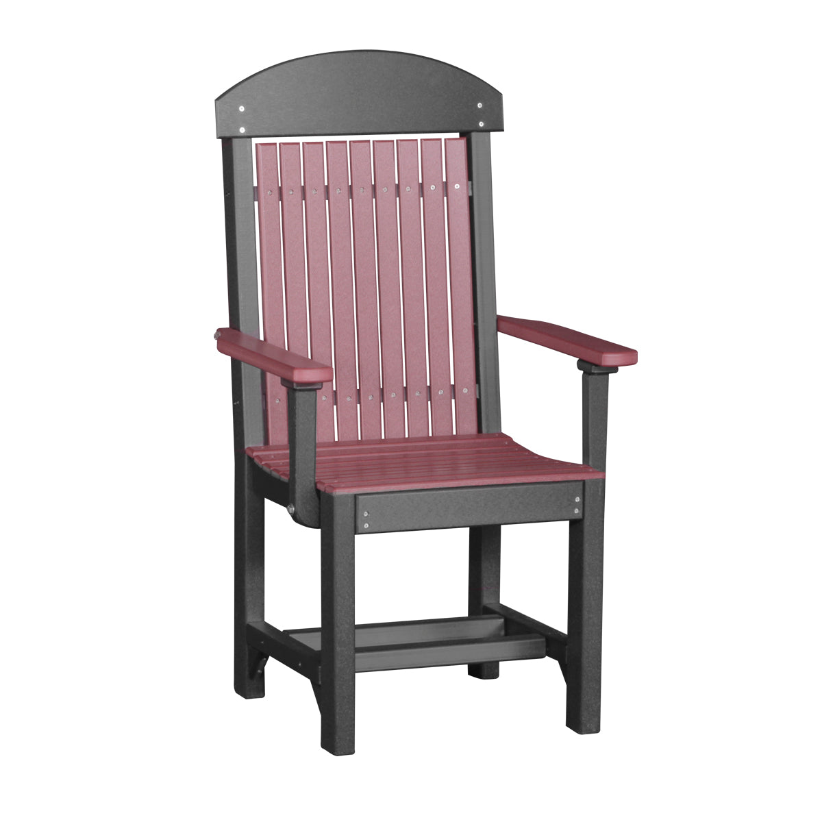 LuxCraft Classic arm chair in cherrywood and black with high back and armrests, complements the square patio table set.