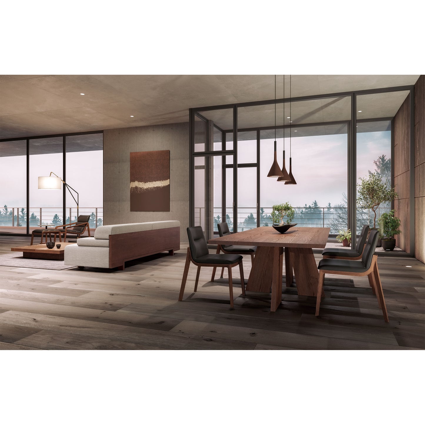 Luxury dining setup with the Hakama Dining Table and black upholstered chairs.