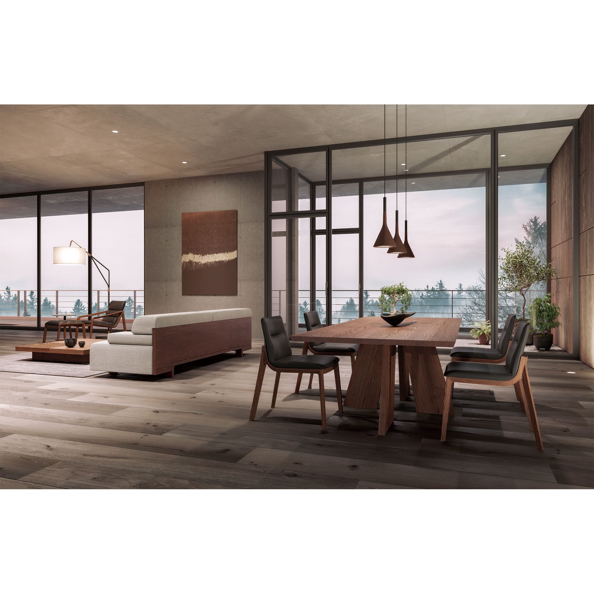 Luxury dining setup with the Hakama Dining Table and black upholstered chairs.