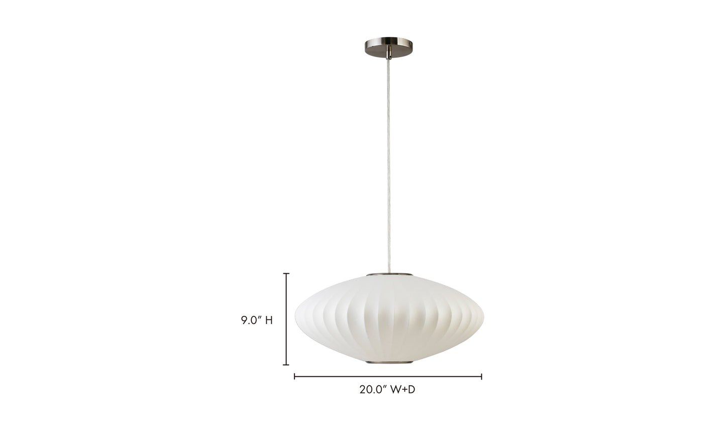 Dimensions of the Lys pendant light with cocoon-shaped white silk shade.