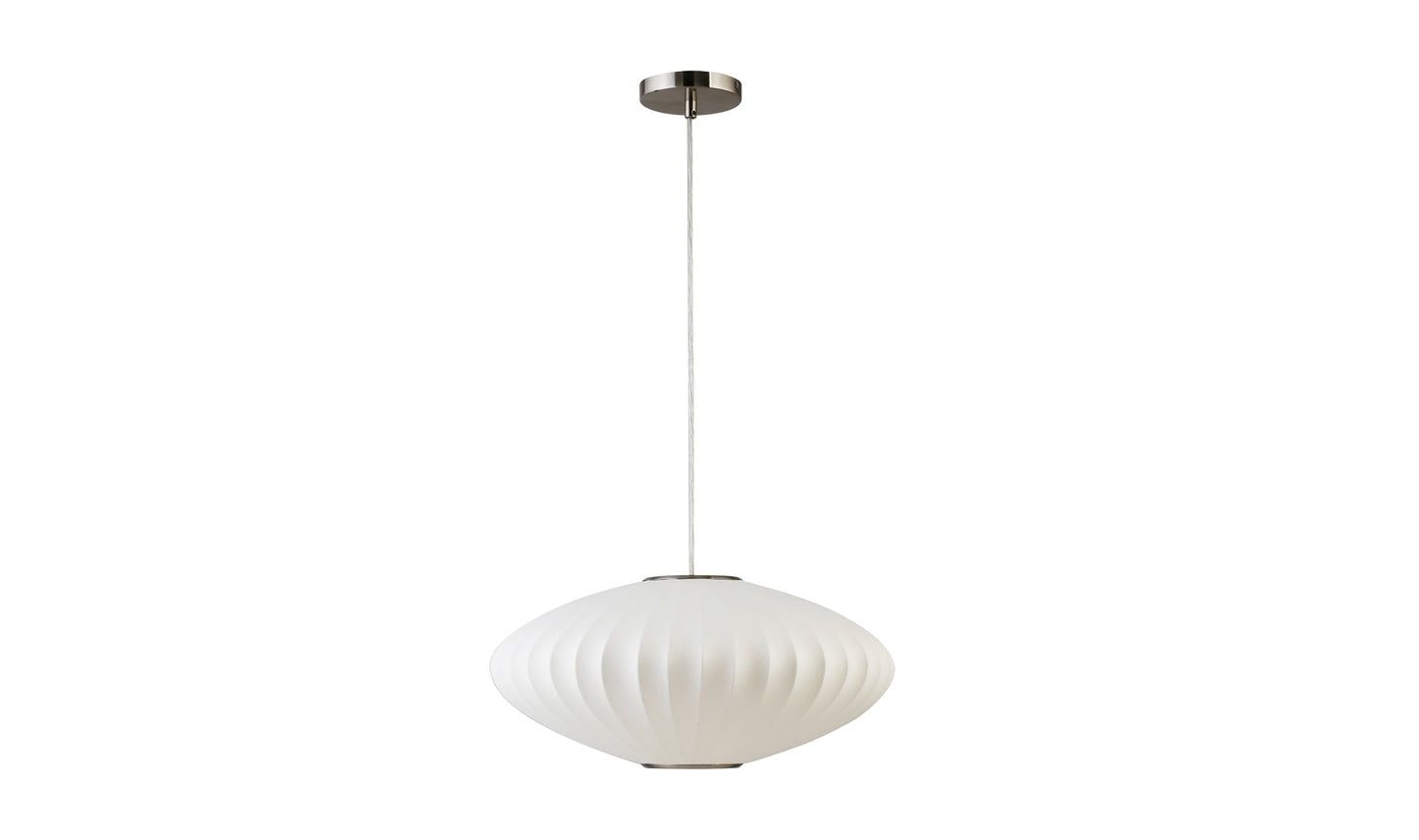 Lys white pendant light with a silk shade and mid-century inspired cocoon design.