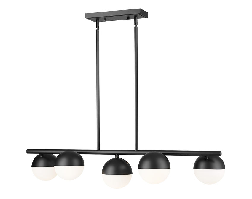 matte black five-light island chandelier front view with white opal globes.