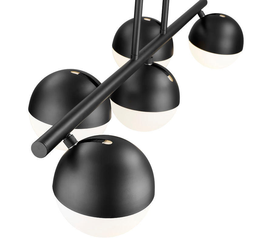 close-up of matte black modern five-light island chandelier.