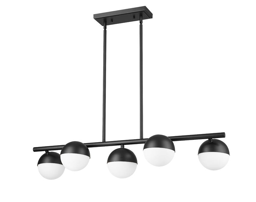 matte black modern five-light island chandelier with white opal glass globes.