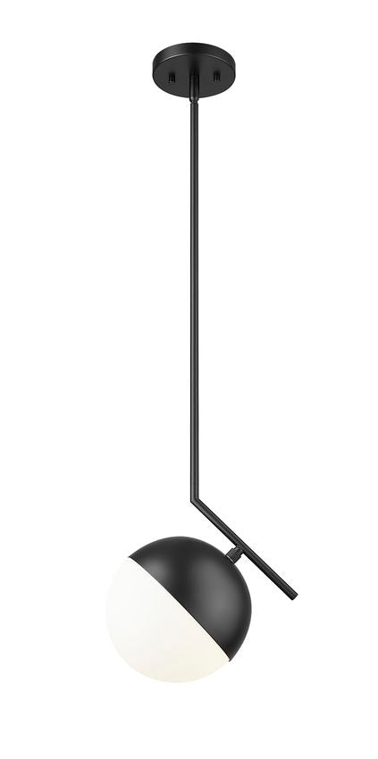 Mid-century modern one-light pendant black angled rod with globe shade.