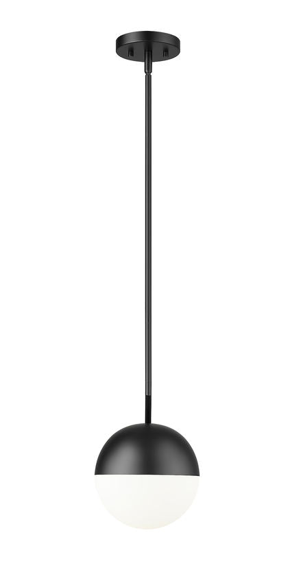 Mid-century modern one-light pendant black frame with round opal shade.