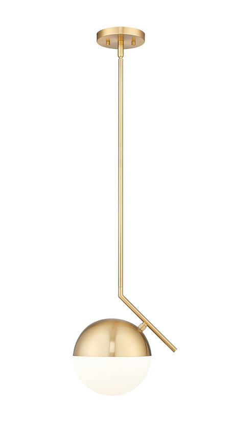 Mid-century modern one-light pendant modern gold with opal globe shade.