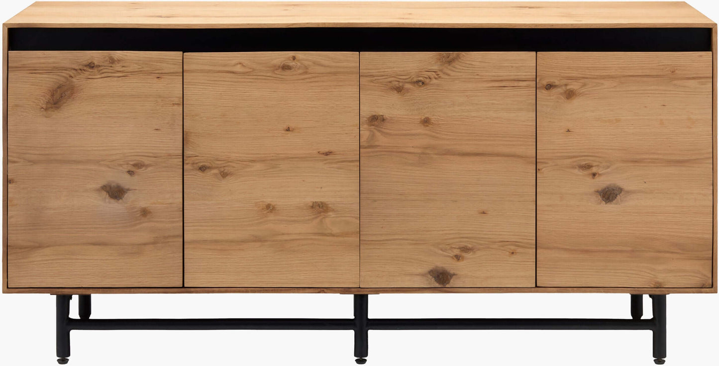 Front view of the Molander Dining Sideboard with doors open, displaying spacious interior storage.