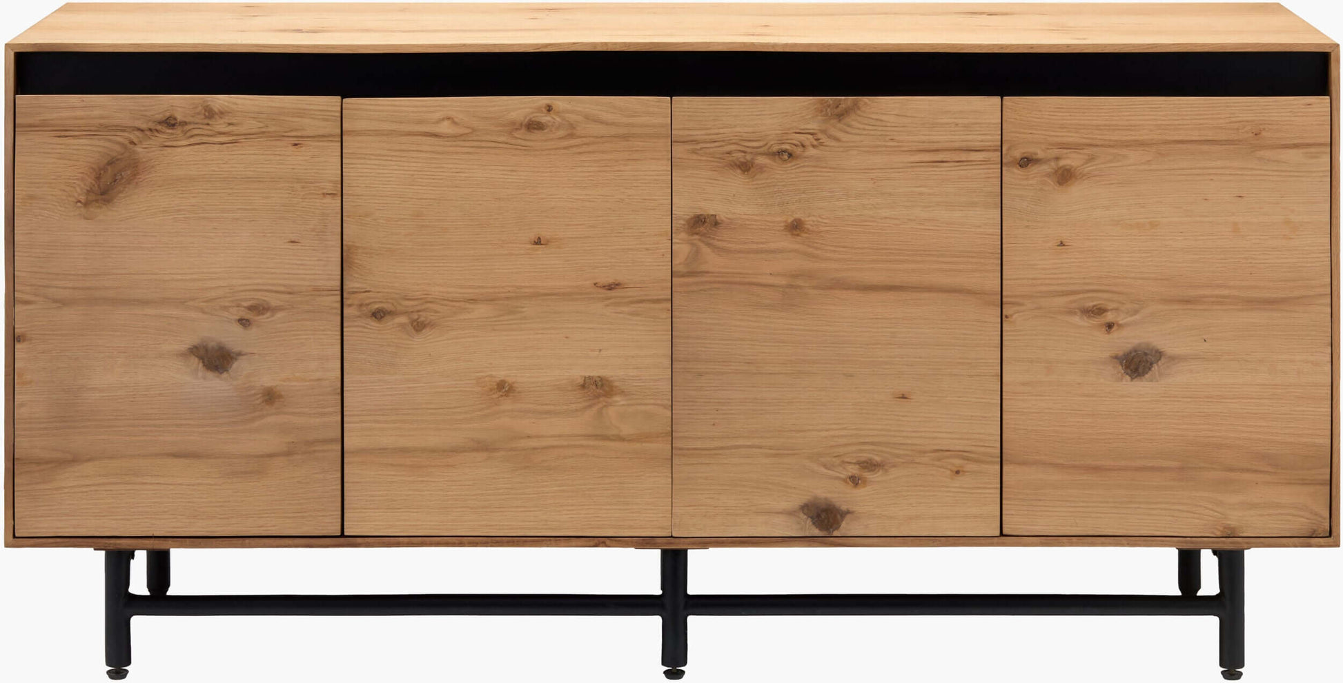Front view of the Molander Dining Sideboard with doors open, displaying spacious interior storage.