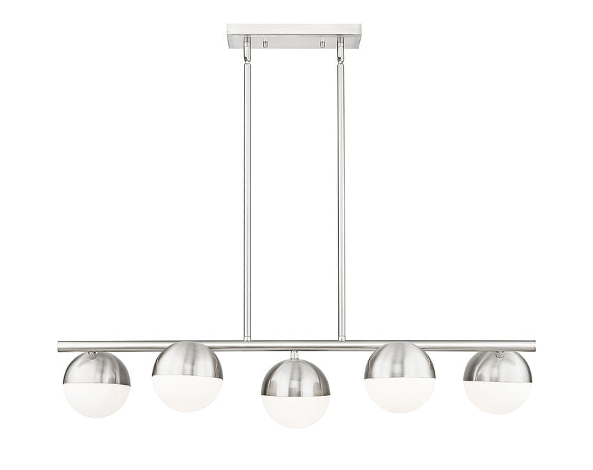 modern five-light island chandelier front view in brushed nickel.