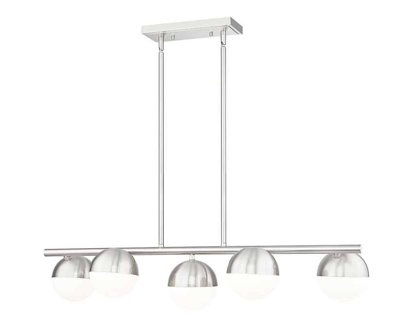 modern five-light island chandelier in brushed nickel finish.