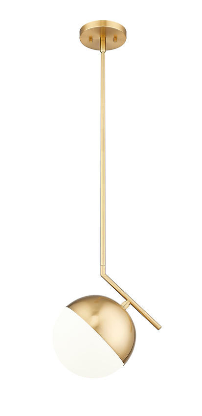 Modern gold mid-century pendant light with opal glass globe and sleek design.