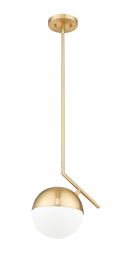 Modern gold pendant light with adjustable angled rod and glowing glass shade.