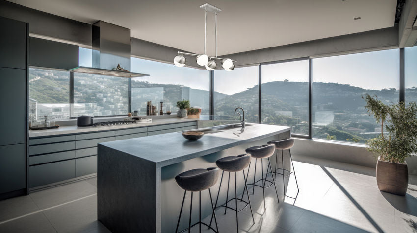 Modern five-light island chandelier over dark kitchen island.