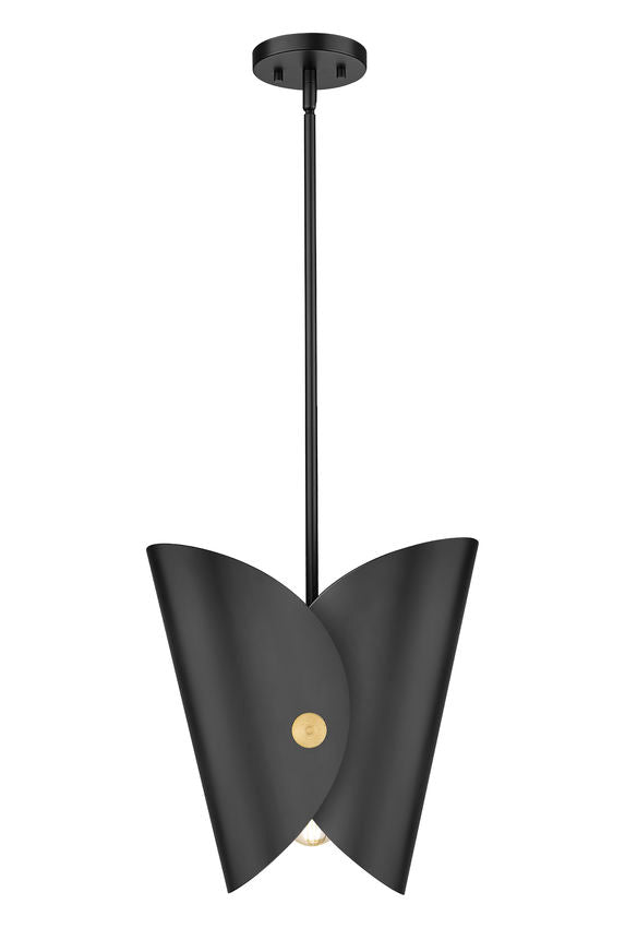 Modern one-light pendant matte black with bulb exposed underside.