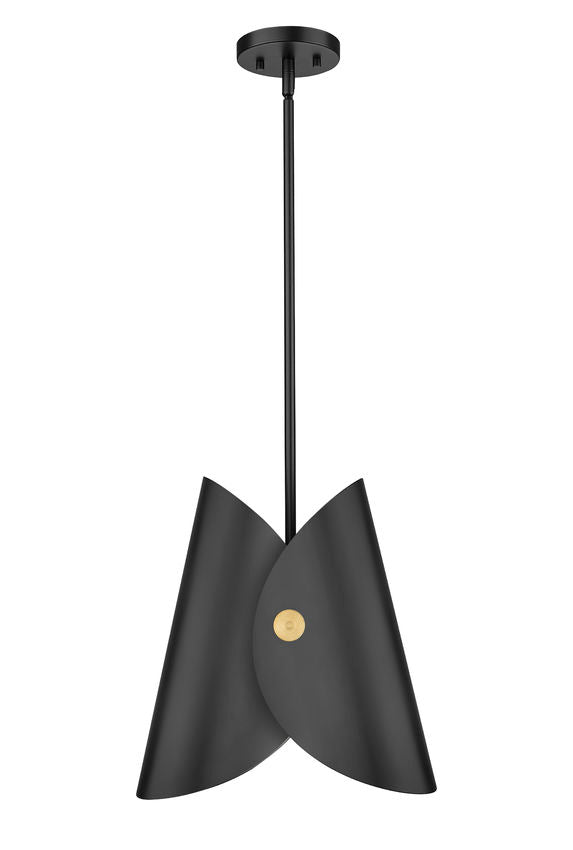 Modern one-light pendant matte black front view gold interior.