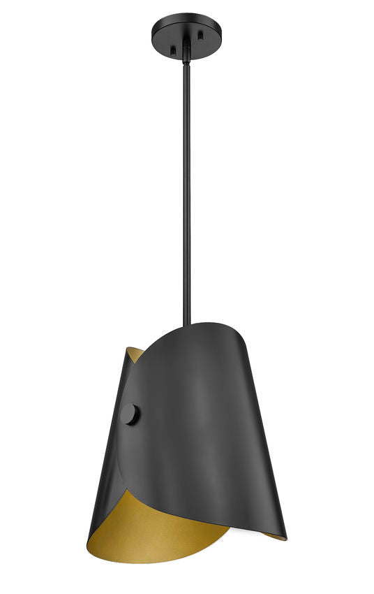 Modern one-light pendant matte black finish with soft golden inner shade.