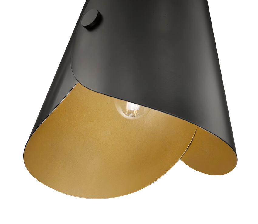 Close-up of modern one-light pendant matte black exterior with gold interior glow.