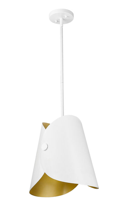 Modern one-light pendant matte white finish with curved gold interior accent.